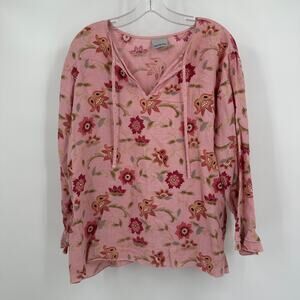Two Star Dog Women Top XL Pink Floral Linen‎ Boho Artsy Cottagecore Peasant